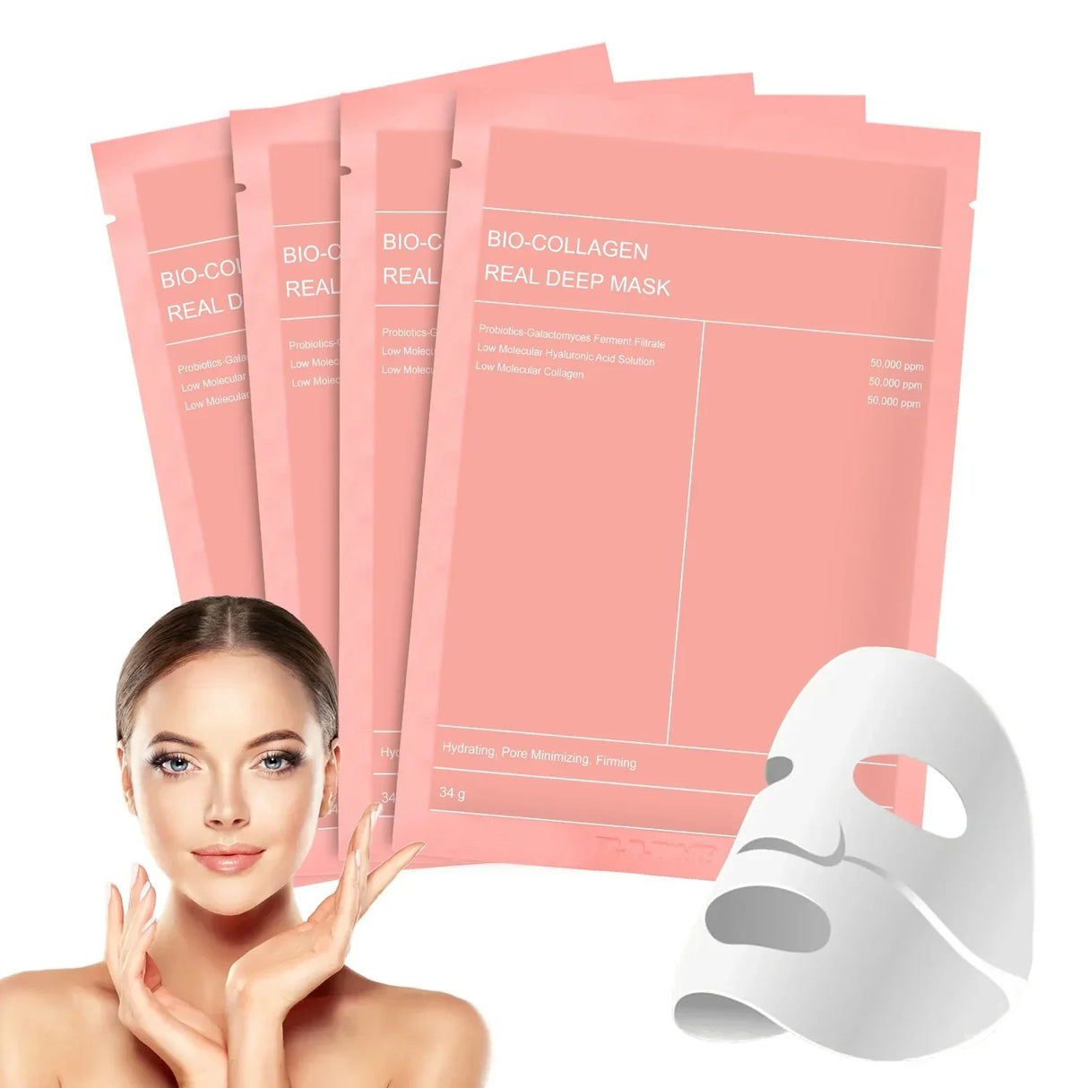 Maschera viso coreana con bio-collagene, acido ialuronico, ceramidi e peptidi – 1 scatola (4 pezzi)
