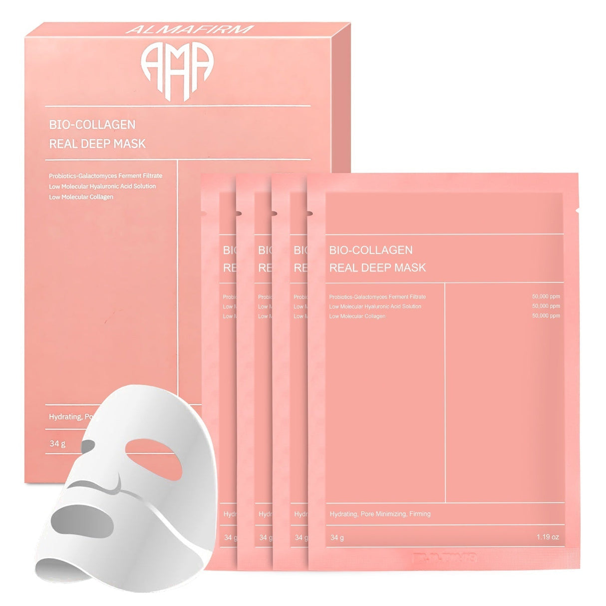 Maschera viso coreana con bio-collagene, acido ialuronico, ceramidi e peptidi – 1 scatola (4 pezzi)