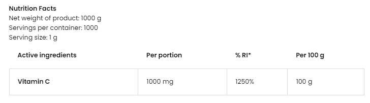 Polvere di vitamina C al 100% - 500 grammi