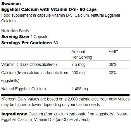 Calcio di guscio d'uovo con vitamina D-3 60 capsule