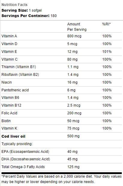 Olio di fegato di merluzzo 500mg | Con multi vitamine - 180 capsule in gel