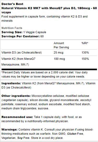 La migliore vitamina naturale K2 MK-7 180 MCG | Più d -3 - 60 capsule