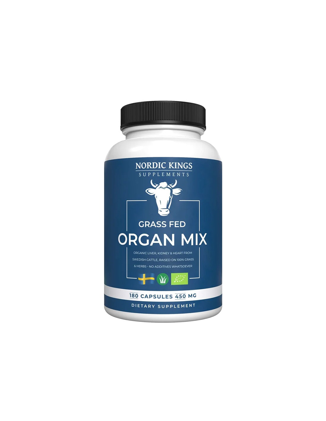 Mix di fegato, reni e cuore di manzo da animali nutriti ad erba (biologico), 180 capsule <tc>Nordic Kings</tc>