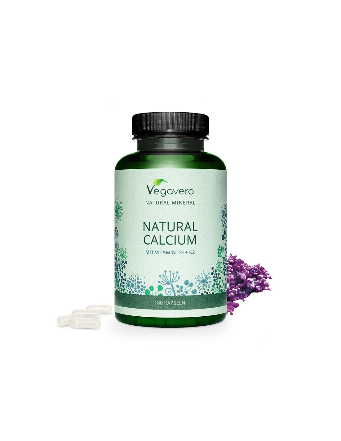 Calcio naturale con vitamina D + K2 - ossa e denti sani, 180 capsule <tc>Vegavero</tc>
