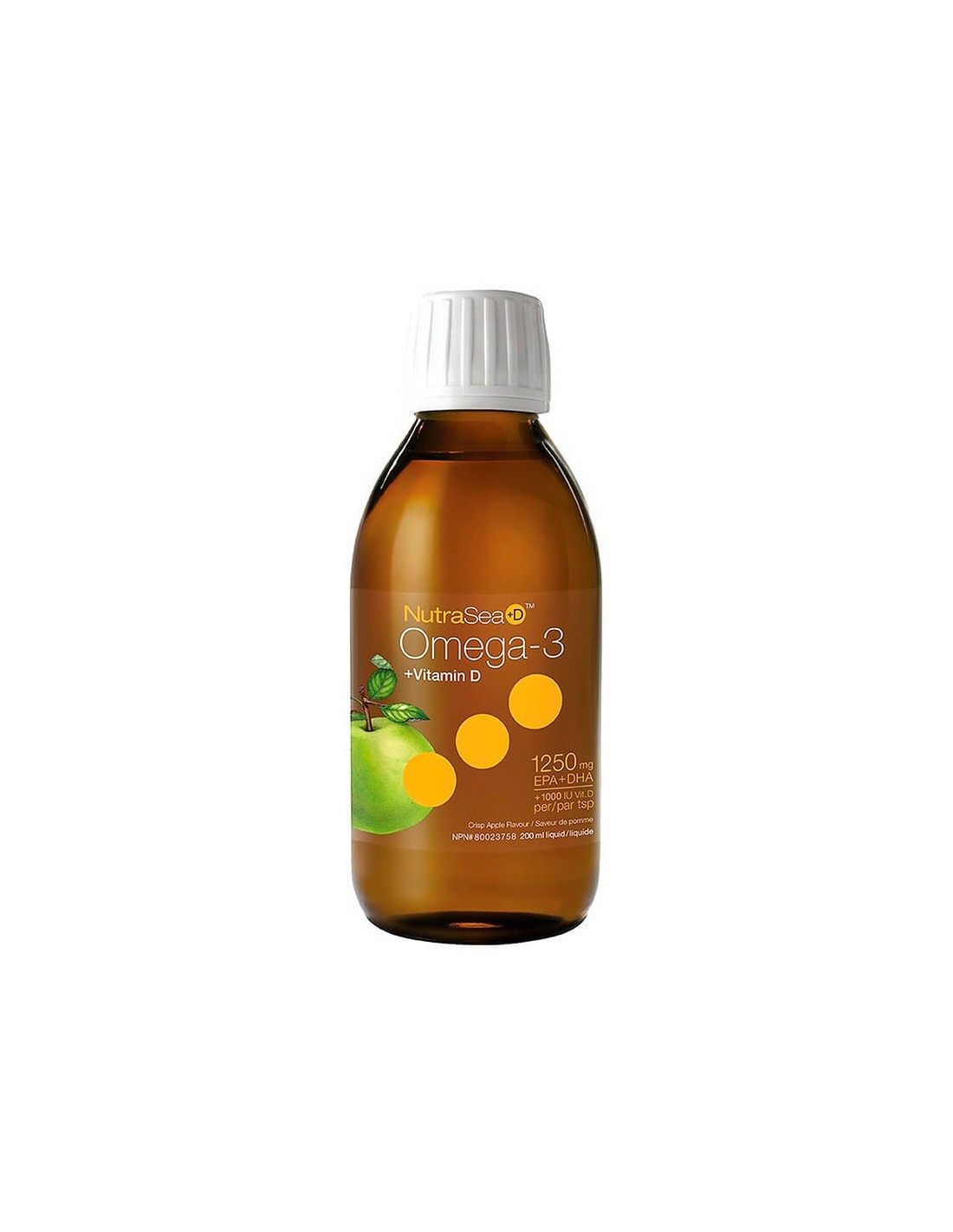 Omega-3 1250 mg + Vitamina D3 1000 UI - NutraSea+ D™ - Formula liquida altamente digeribile, 200 ml, gusto mela verde