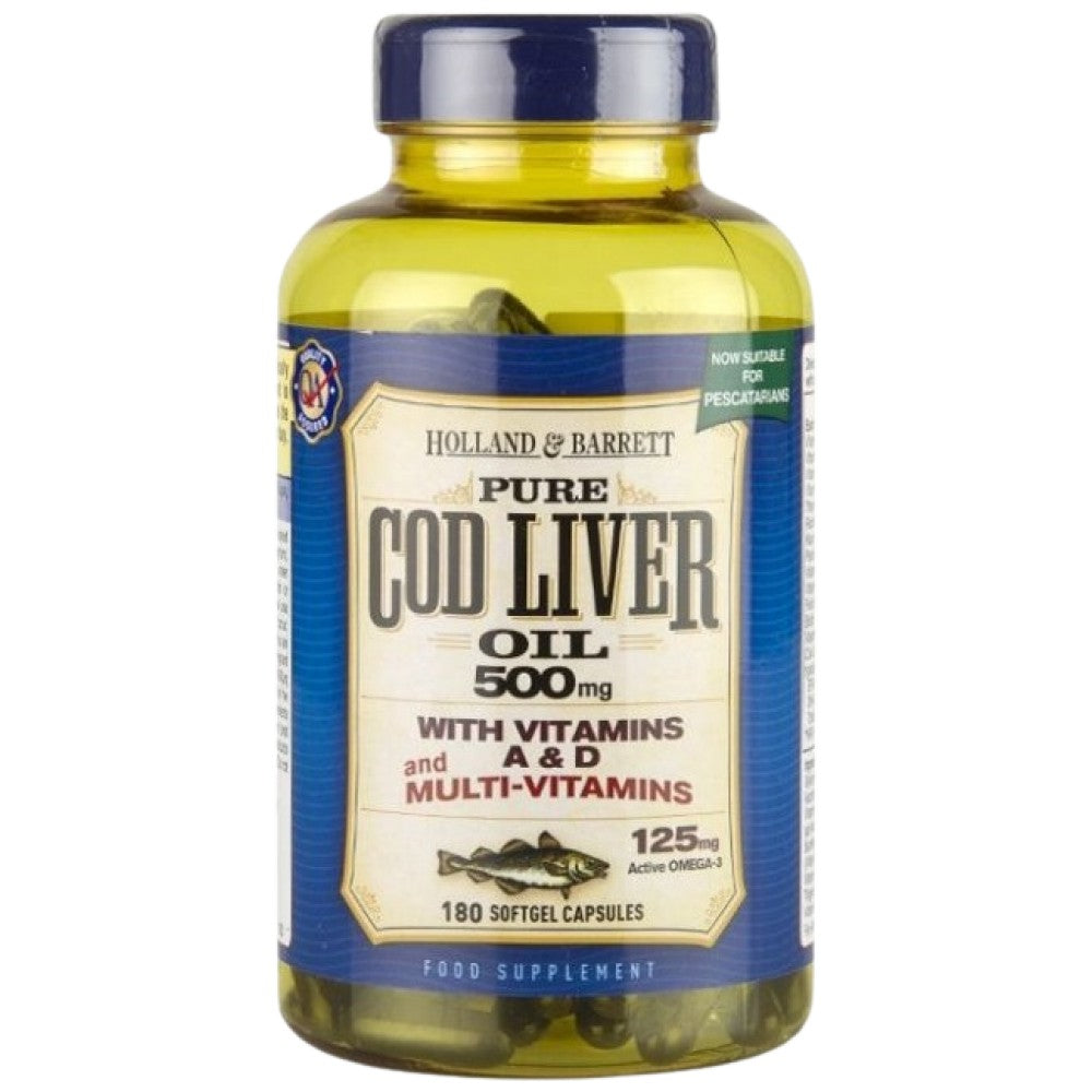 Olio di fegato di merluzzo 500mg | Con multi vitamine - 180 capsule in gel