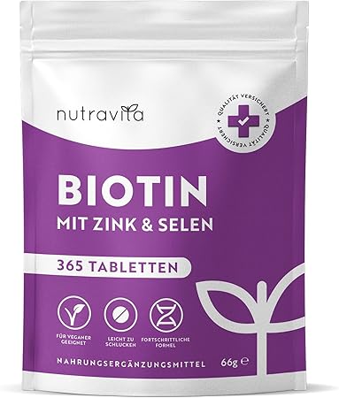 Compresse di Biotina + Selenio + Zinco per pelle, capelli e unghie – 365 compresse vegane per 1 anno <tc>Nutravita</tc>