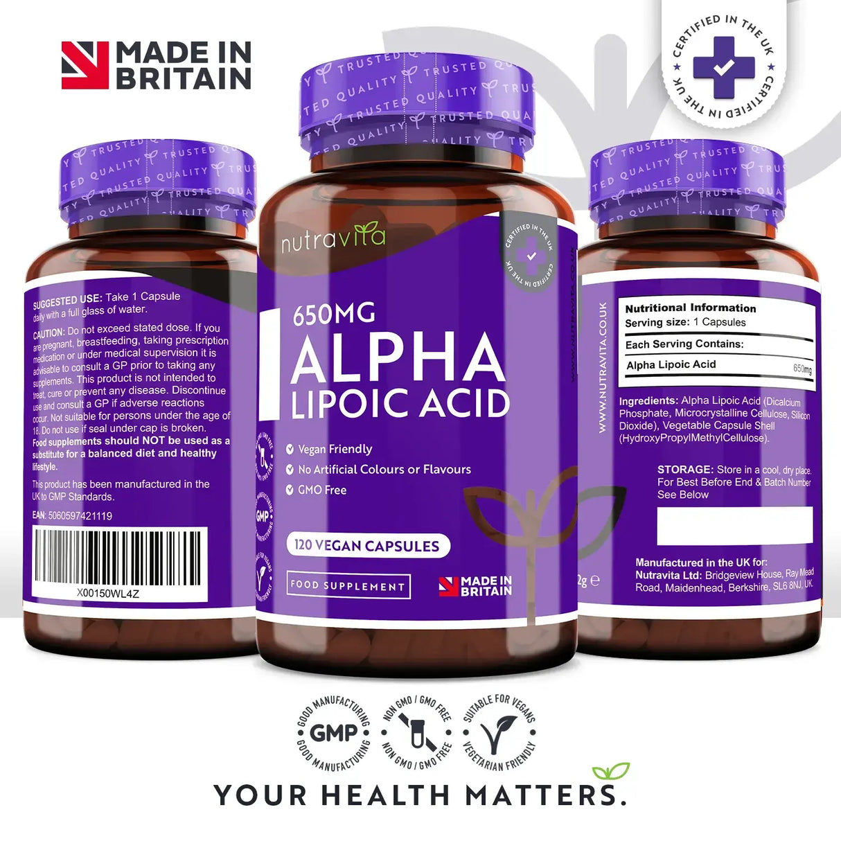Acido alfa lipoico 650 mg/120 capsule, 120 dosi/ <tc>Nutravita</tc>
