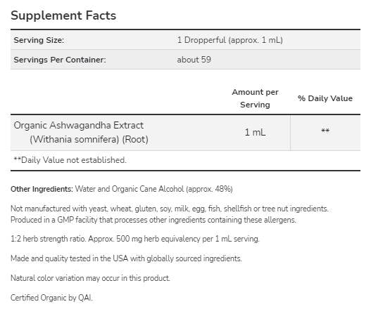 Estratto liquido di Ashwagandha | Certificato Biologico - 59 ml