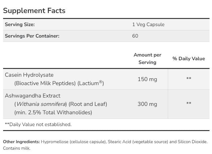 Sollievo dallo stress di Ashwagandha | Con Peptidi Bioattivi del Latte - 60 capsule