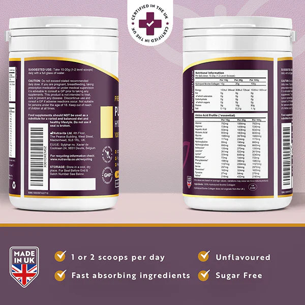 Polvere di collagene bovino puro al 100% 20000 mg Peptan® 500 G, (25/50 dosi)