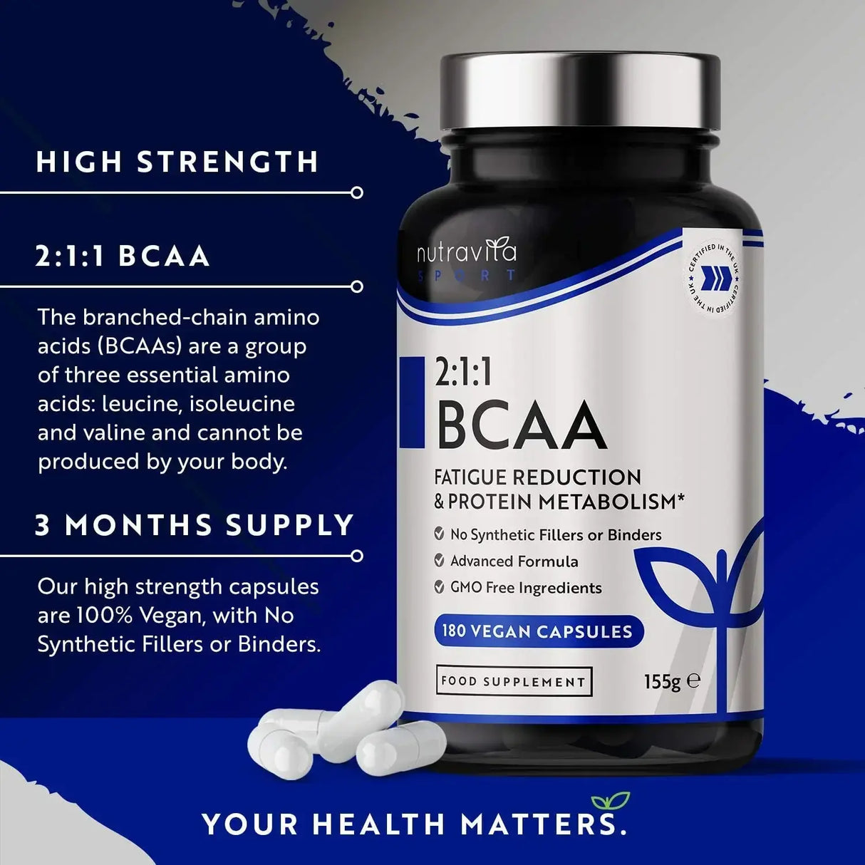 BCAA (2:1:1) con vitamine B6 & B12 - 180 Vcaps. <tc>Nutravita</tc>