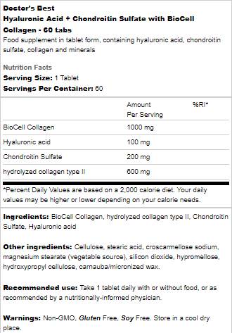 MIGLIOR acido ialuronico + condroitin solfato/con collagene BioCell - 60 compresse