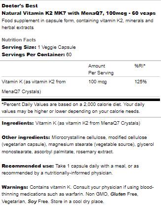 MIGLIOR vitamina naturale K2 MK-7 100 mcg - 60 capsule