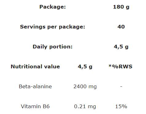 Polvere di beta-alanina | Booster per l'allenamento - 180 grammi