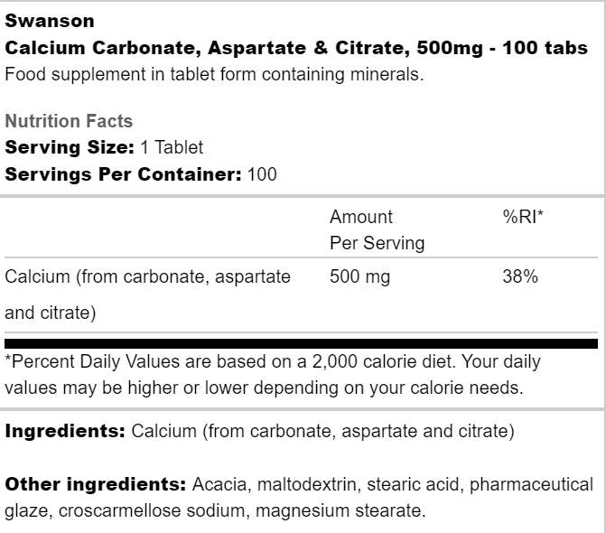 Complesso di calcio 500 mg | Carbonato, Aspartato e Citrato 100 compresse