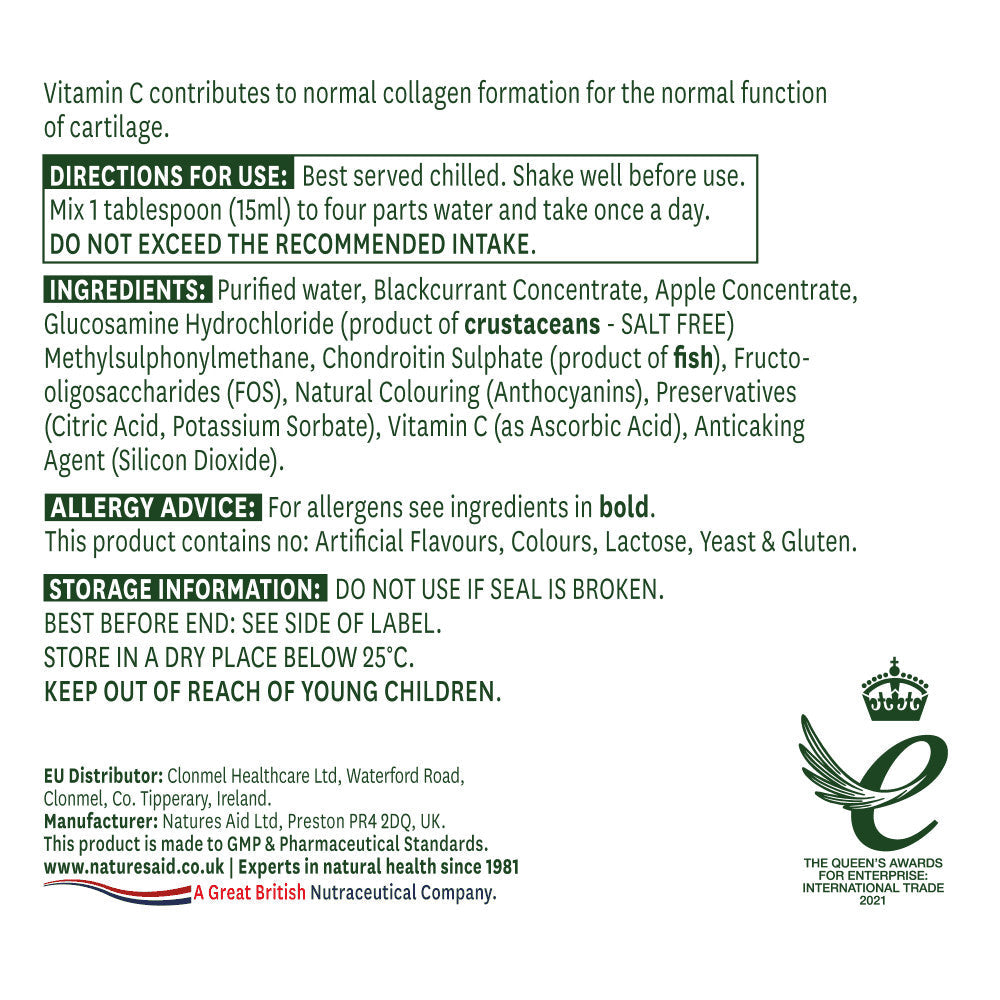 Formula liquida concentrata per articolazioni sane con glucosamina, MSM e condroitina (Glucosamina, MSM & Condroitina liquida) 500 ml NaturesAid