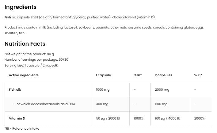 DHA + vitamina D3 | 300 mg DHA da Olio di Pesce 60 Capsule Gel