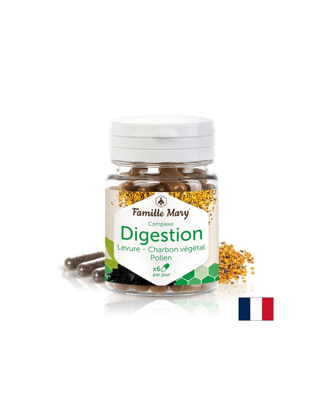 Digestion Pollen, Levure, Charbon Complex per una buona digestione con lievito di birra, carbone attivo e polline, 60 capsule Famille Mary
