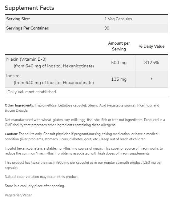 Niacina senza risciacquo 500 mg | Doppia forza - 180 capsule