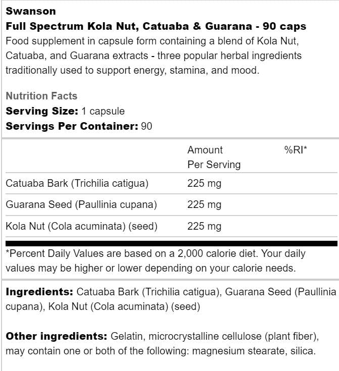 Spettro completo di noce di cola, catuaba e guaranà 90 capsule