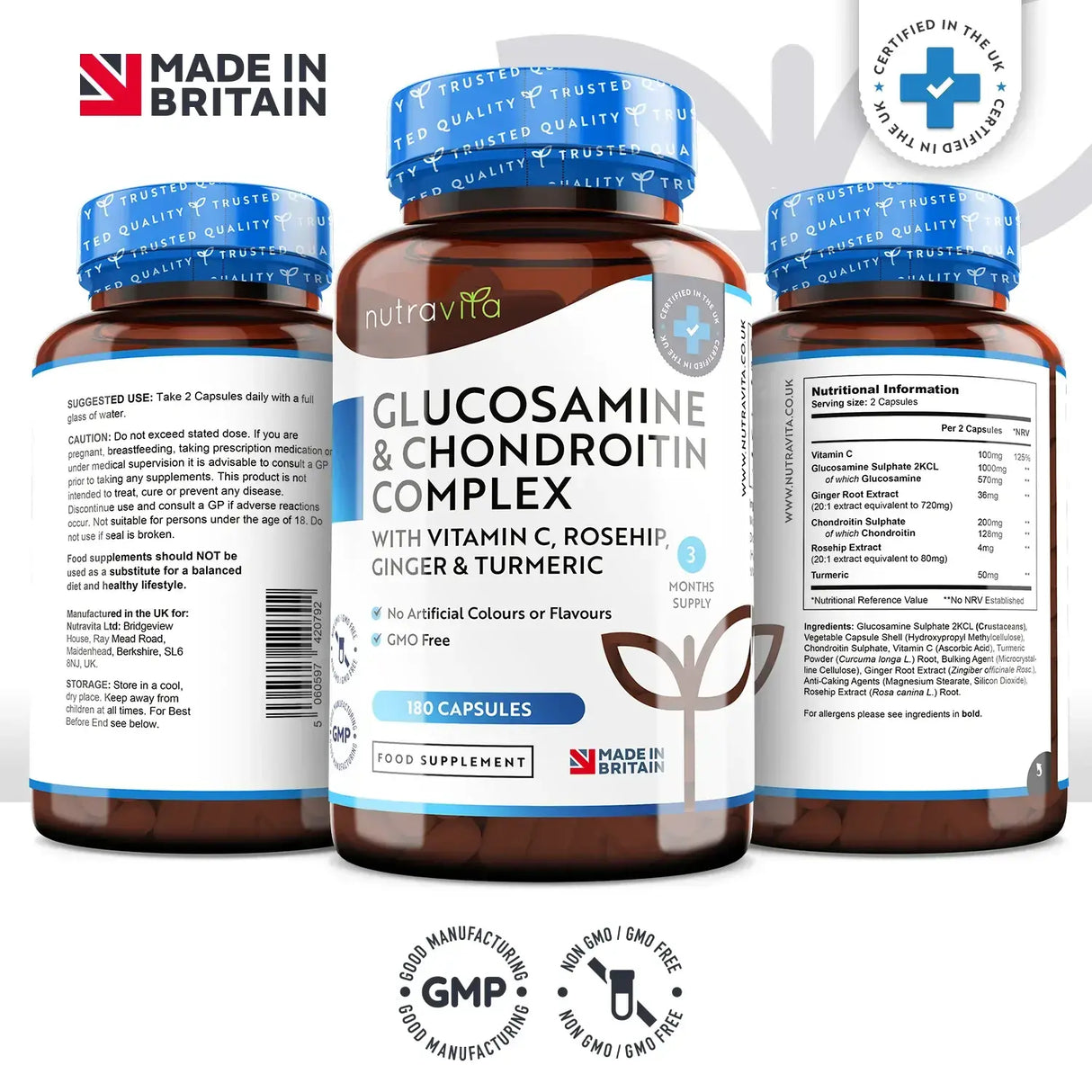 Glucosamina Condroitina /180 capsule, 90 giorni/ con Curcuma, Zenzero & Vitamina C <tc>Nutravita</tc>