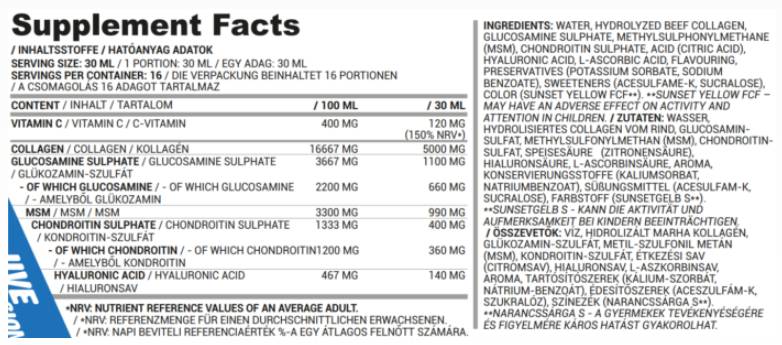 Liquido per la protezione congiunta | Collagene, MSM, Glucosamina, Condroitina, Acido Ialuronico - 500 ml