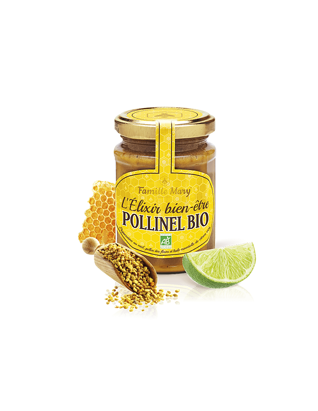L'Elixir bien-être Pollinel BIO/ Miele floreale biologico con polline d'api e olio essenziale di lime, 230 g Famille Mary