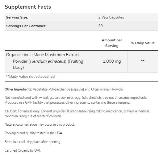 Criniera di leone 500 mg | A base di funghi criniera di leone biologici - 60 capsule