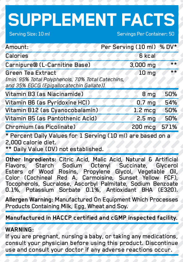 L-Carnitina liquida 3000mg + Tè verde - 0,500 KG