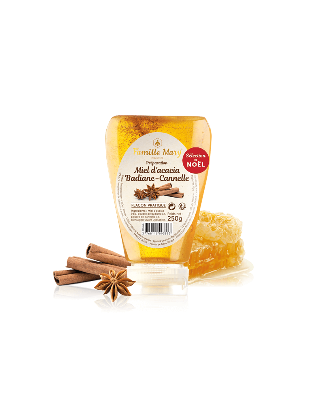 Miele di acacia con anice stellato e cannella - Miel d'acacia Badiane – Cannelle, 250 g