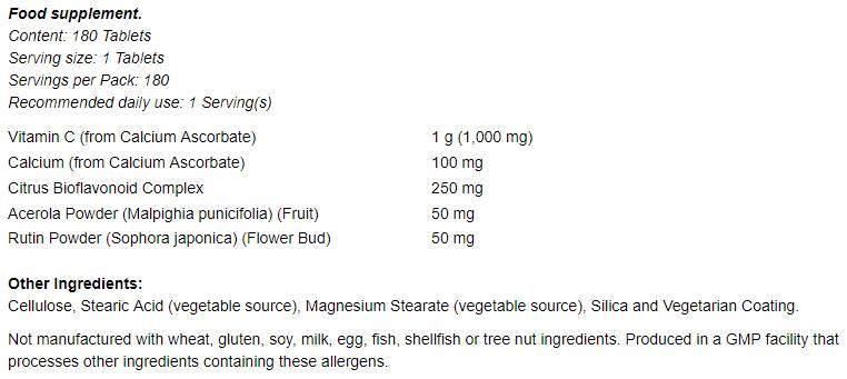 Complesso di vitamina C -1000 - tamponato con bioflavonoidi da 250 mg - 180 compresse