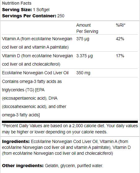 Olio di Fegato di Merluzzo Norvegese 350 mg 250 Capsule gel