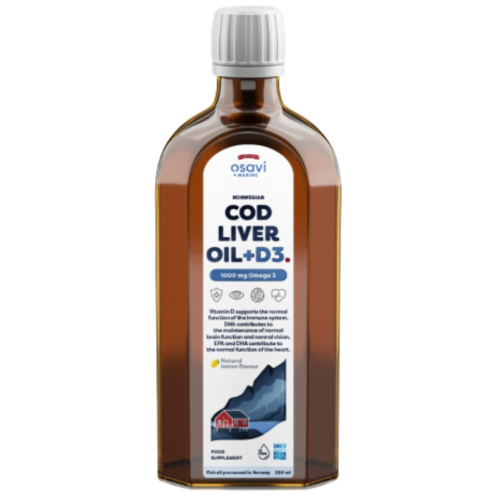 Olio di fegato di merluzzo norvegese + D3 | Liquido Omega+ D3 al gusto di Limone - 250 ml