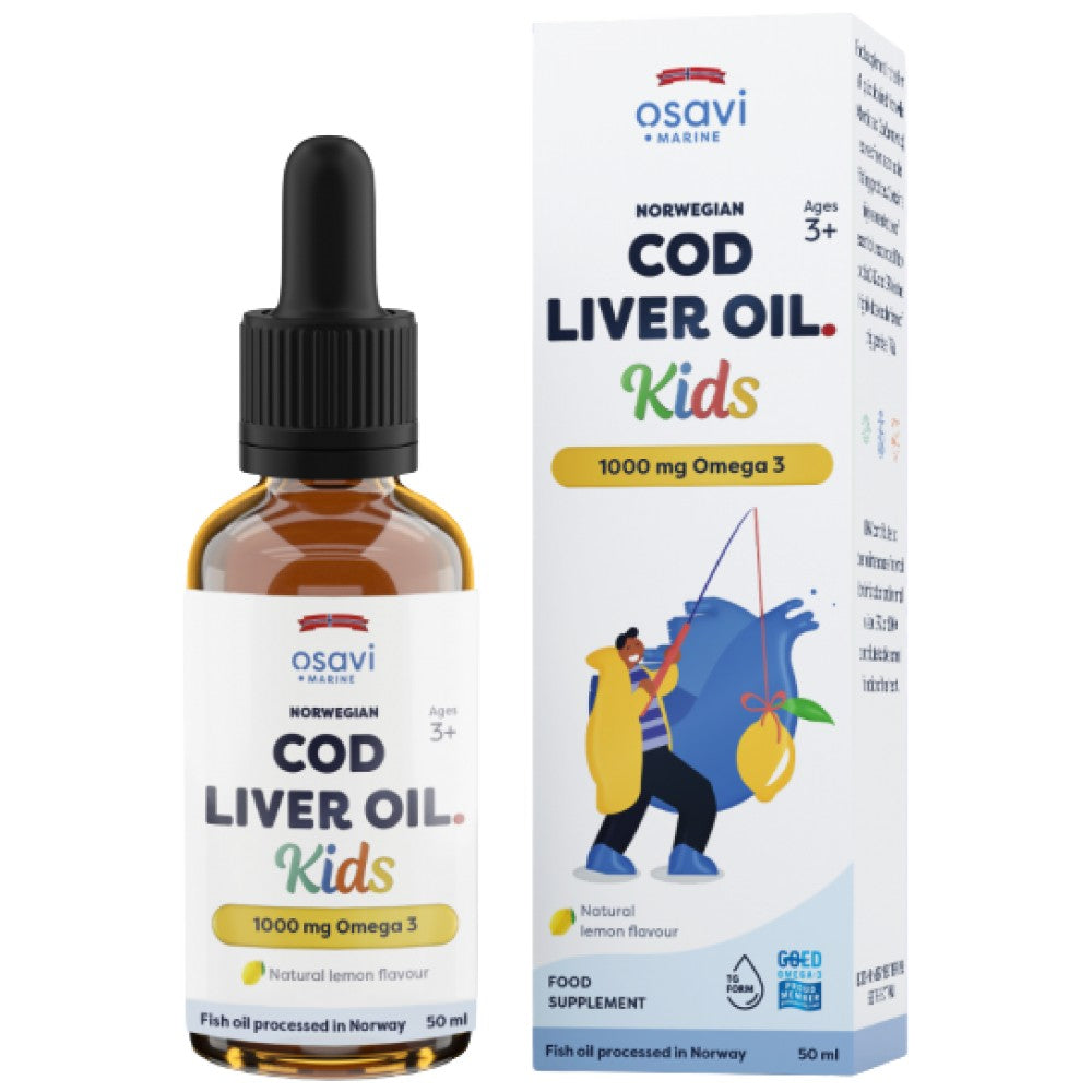 Olio di fegato di merluzzo norvegese per bambini | Gocce liquide Omega al gusto di limone - 50 ml