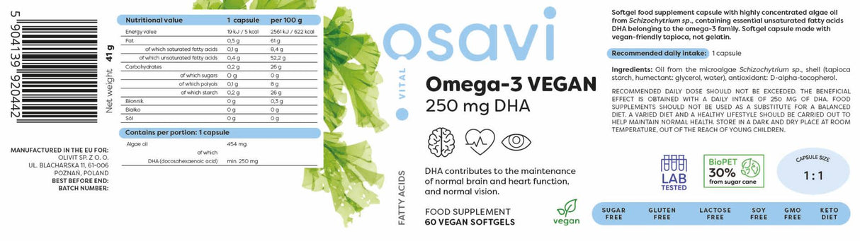 Omega-3 vegani | 250 mg DHA - 60 capsule molli