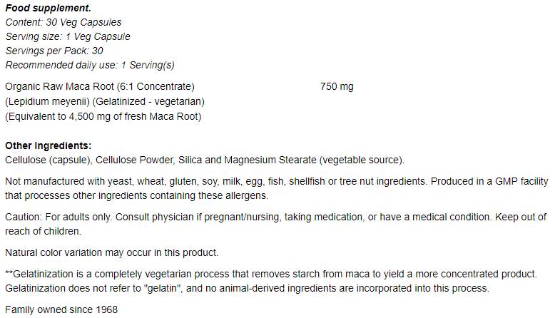Concentrato di MACA cruda 6:1 750 mg - 30 capsule