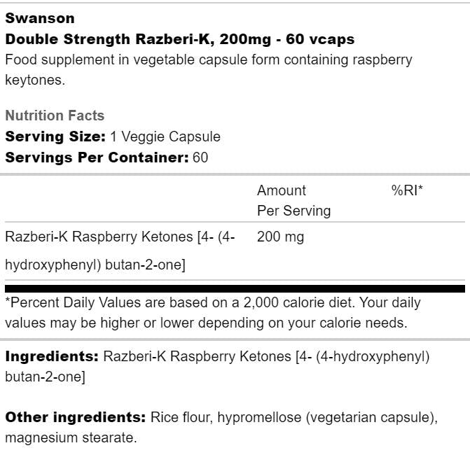 Razberi-K 200 mg | Chetoni di lampone a doppia potenza - 60 capsule
