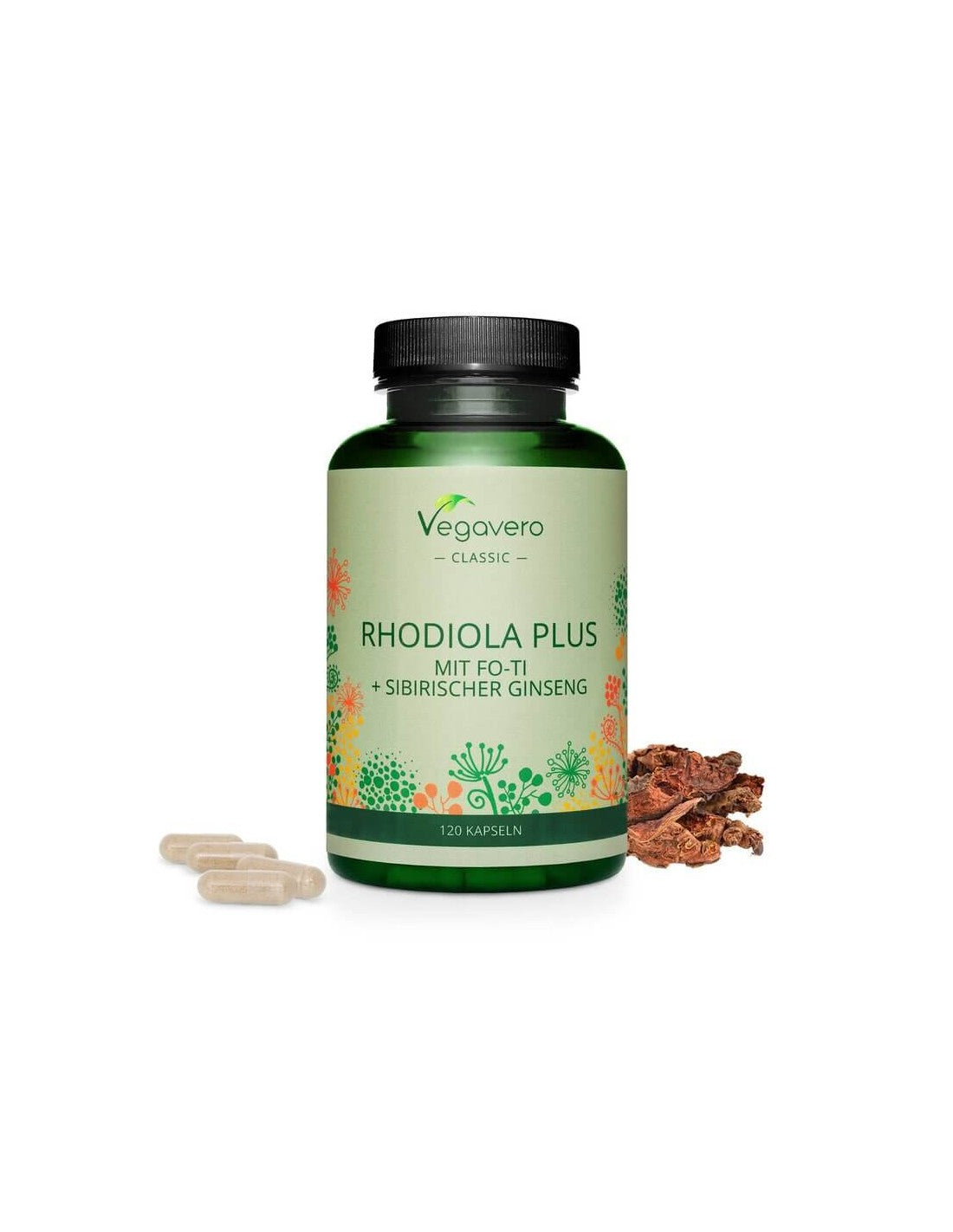 Rhodiola Plus mit Fo-Ti + Sibirischer Ginseng/ Radice d'oro + Fo-ti e ginseng siberiano, 120 capsule, 100% Vegan
