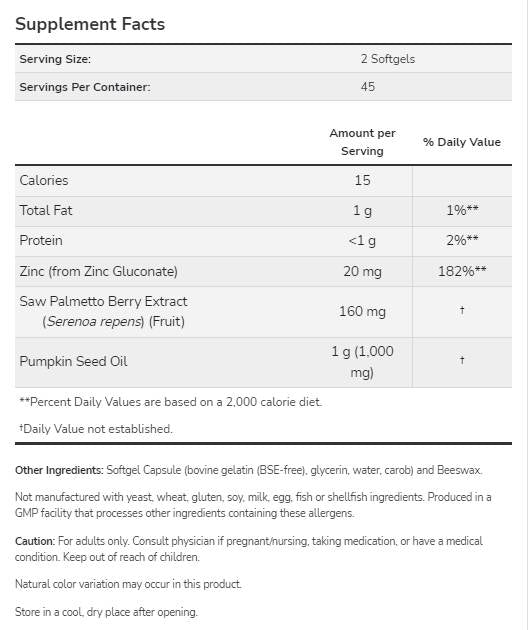 Estratto di saw palmetto | con Olio di Semi di Zucca e Zinco - 90 Capsule gel