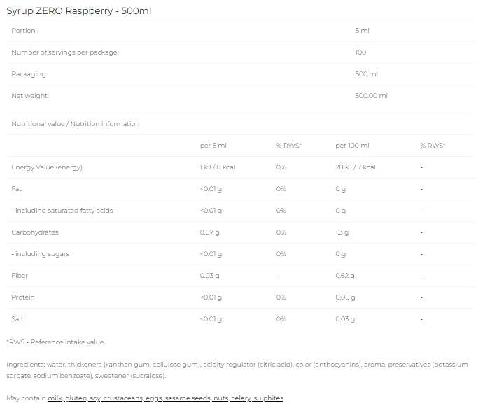 Sciroppo Zero - Lampone - 500 ml