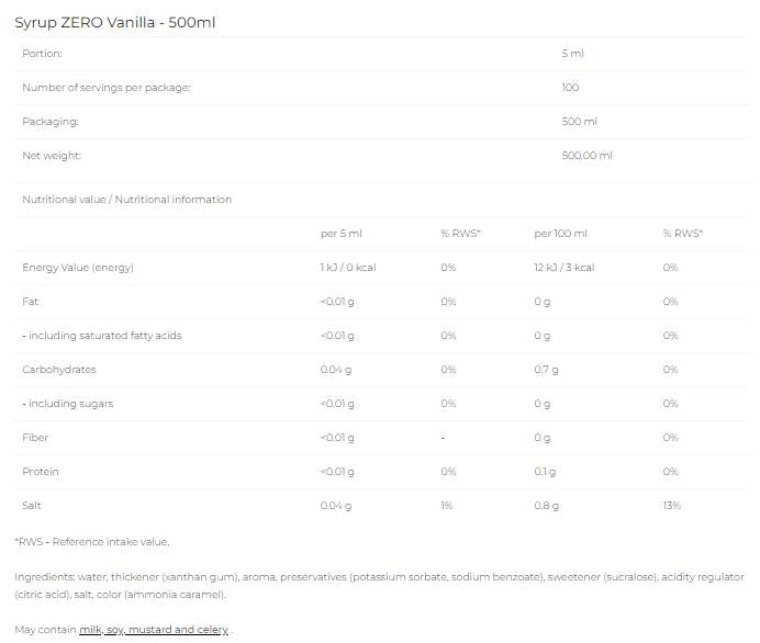 Sciroppo Zero - Vaniglia - 500 ml