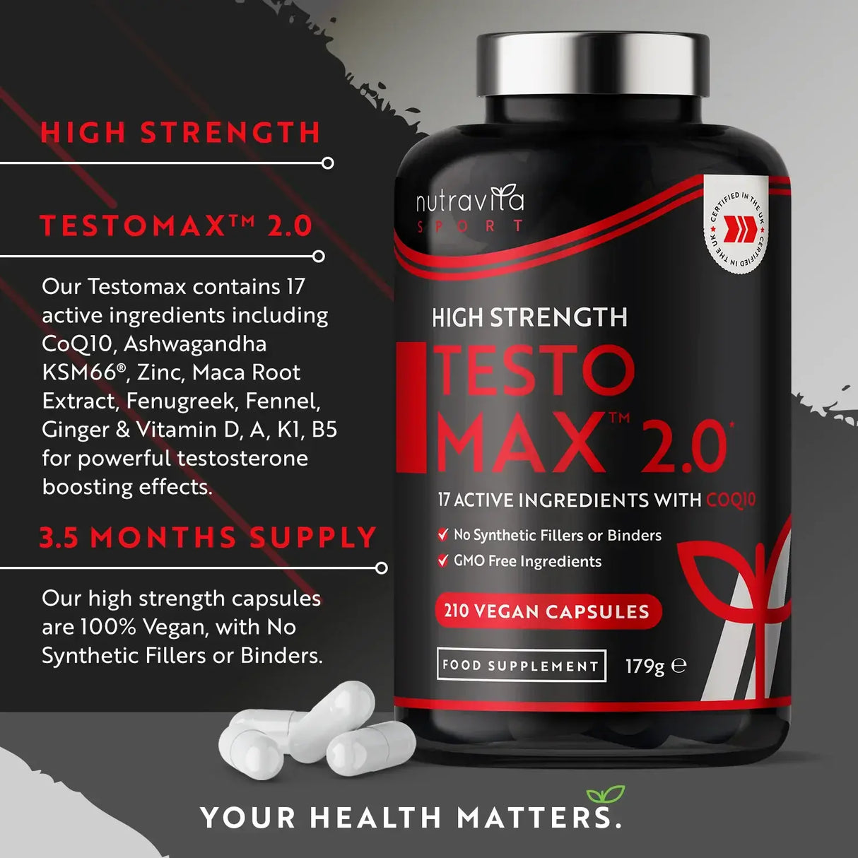 TESTOMAX™ 2.0 /210 capsule, 105 giorni/ con Ashwagandha KSM 66®, CoQ10 & Radice di Maca <tc>Nutravita</tc>