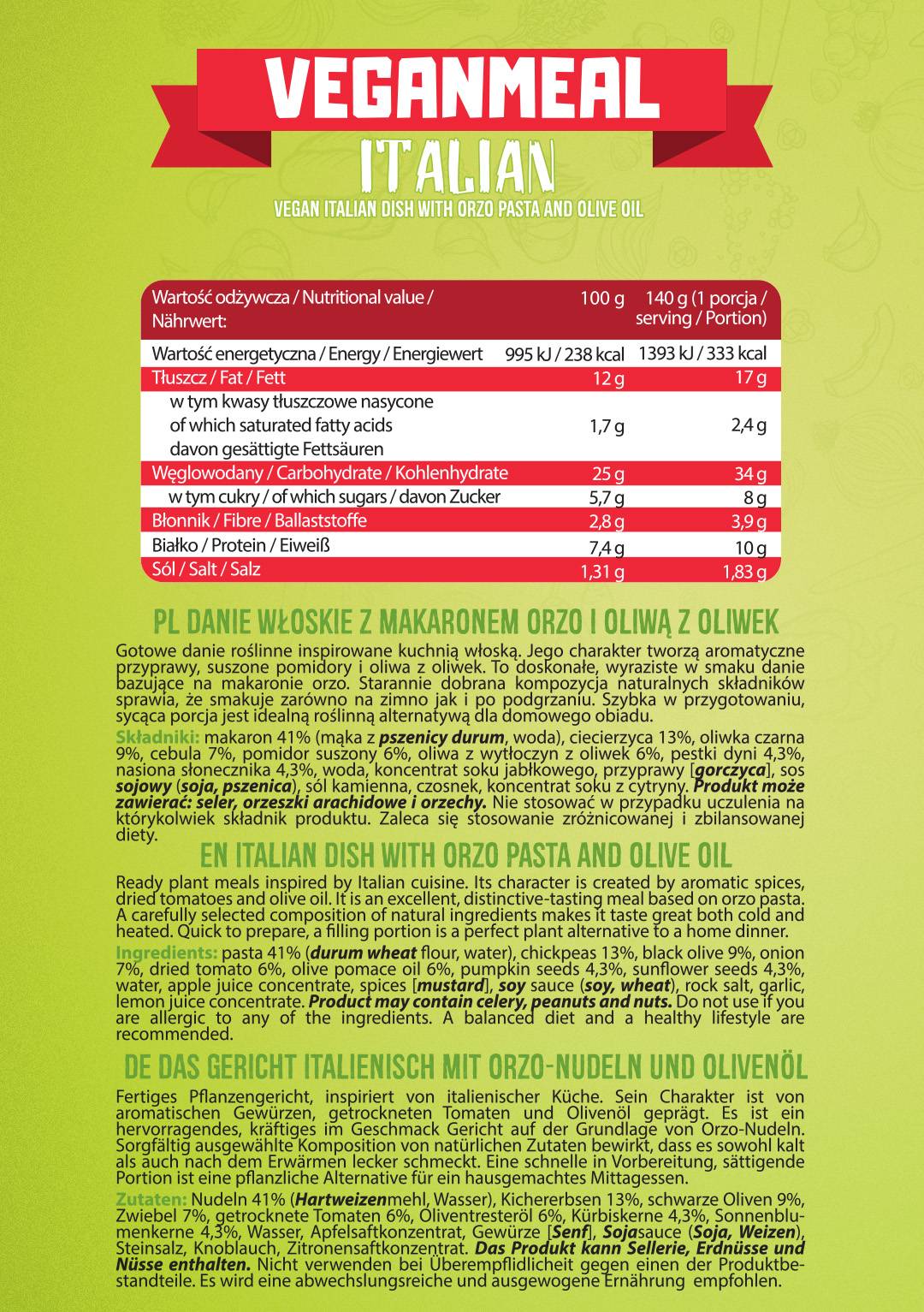 Pasto Vegano Italiano | Pasto pronto ad alto contenuto proteico - 280 grammi