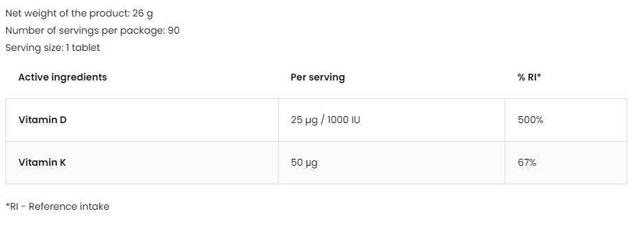 Vitamina D3 1000 UI + K2 50 mcg 90 Compresse