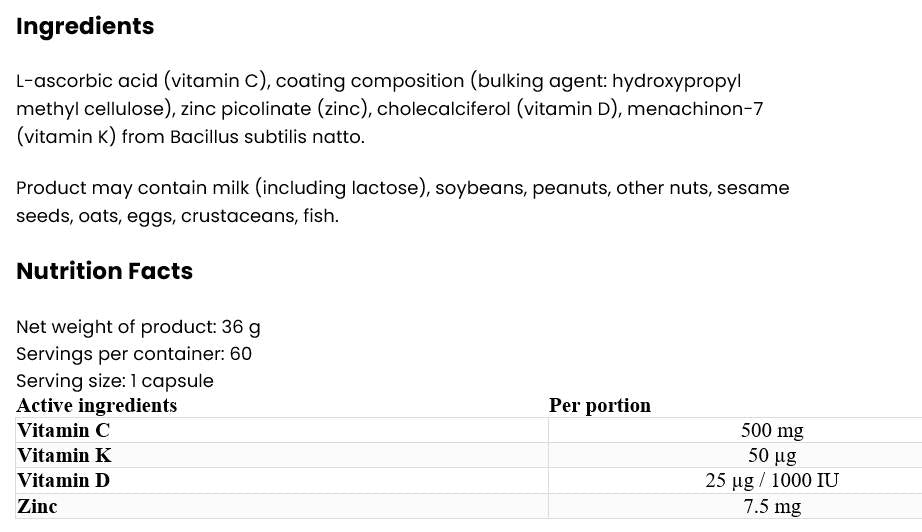 Vitamina D3 2000 + K2 MK-7/+ Vitamina C + Zinco 60 capsule