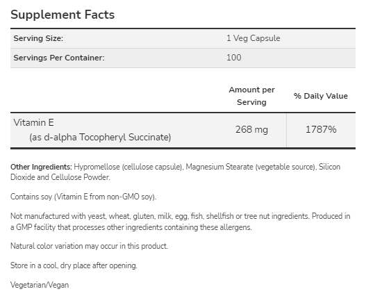 Vitamina E-400 d-alfa Tocoferile | Vegetariano Secco - 100 capsule