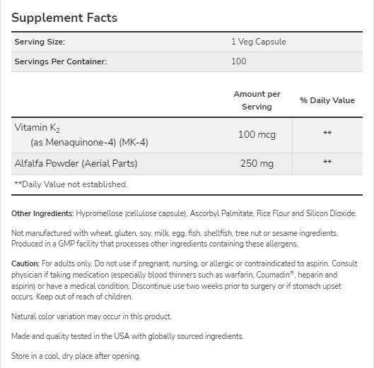 Vitamina K-2 100 mcg - 250 capsule