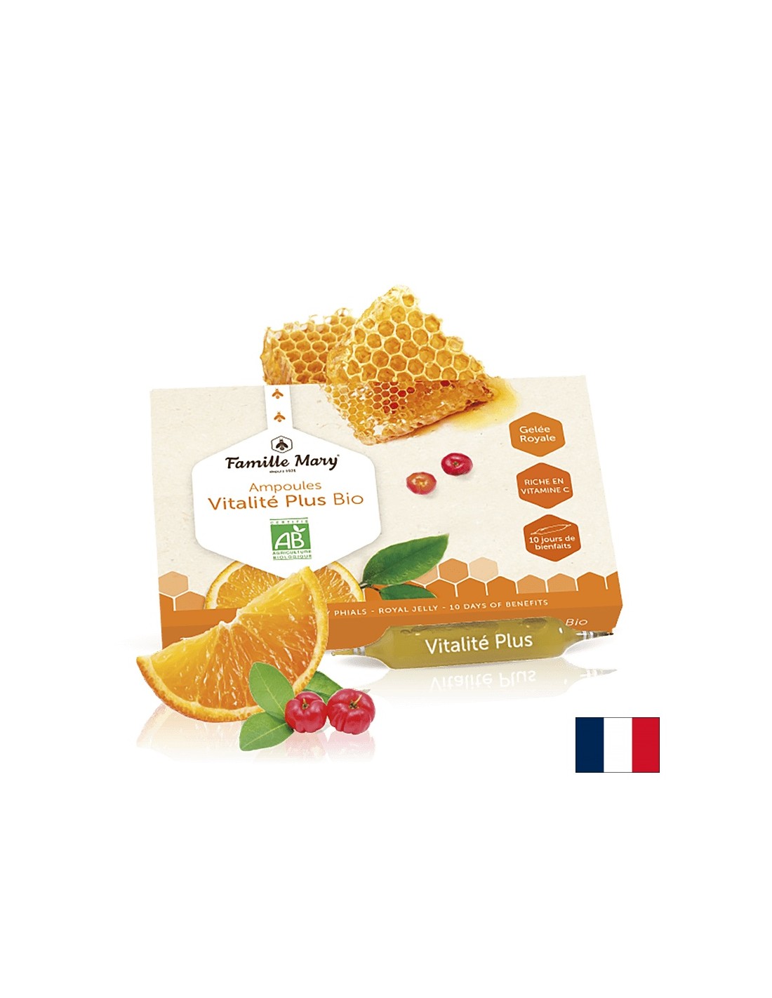 AMPOULE VITALITY Plus Bio Jus D'Orange Acerola/Vitalité Plus Bio con gelatina reale, arancione e acerola, 10 pezzi. Famille Mary che beve ampoule