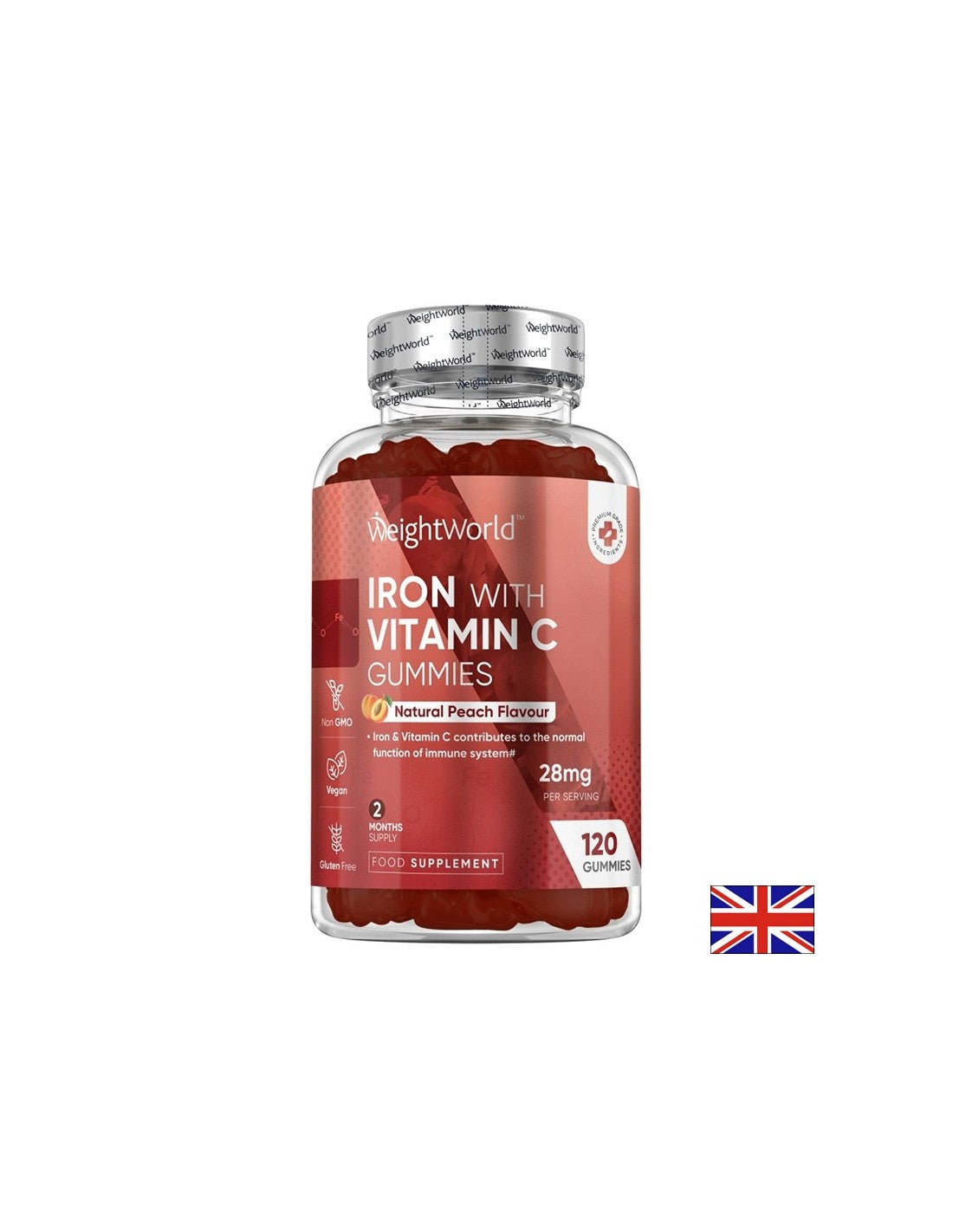 Anemia - Iron + Gummie di vitamina C, compresse di 120 gelatina, sapore di pesca